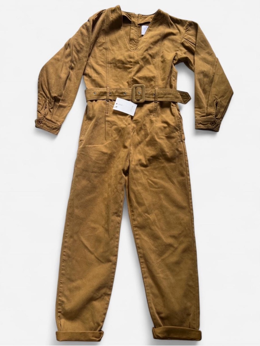 NWT “ASOS WHITE” tan belted v neck jumpsuit with puff sleeves